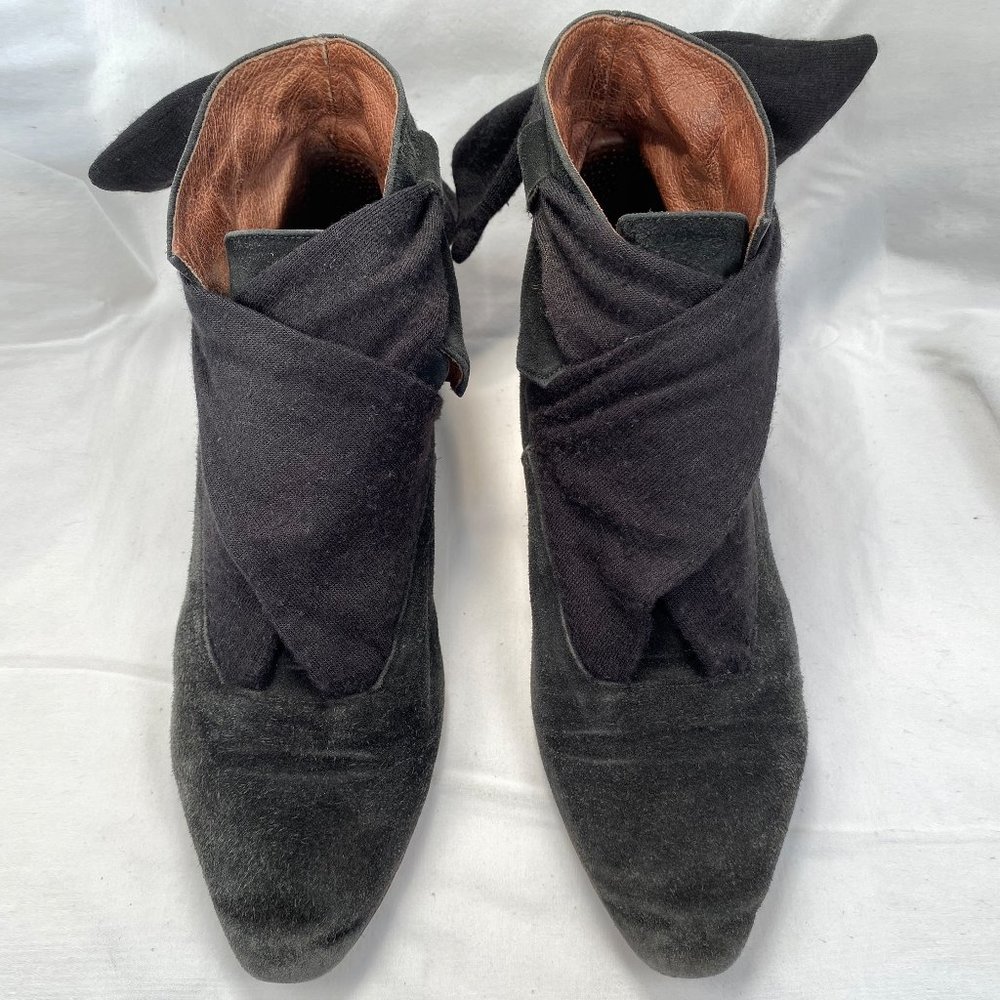 Black Suede Ankle Boots with Fabric Ties